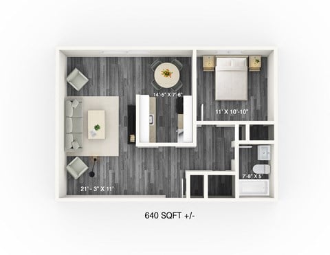 Floor plan for 1 bed, 1 bath, 640 sqft